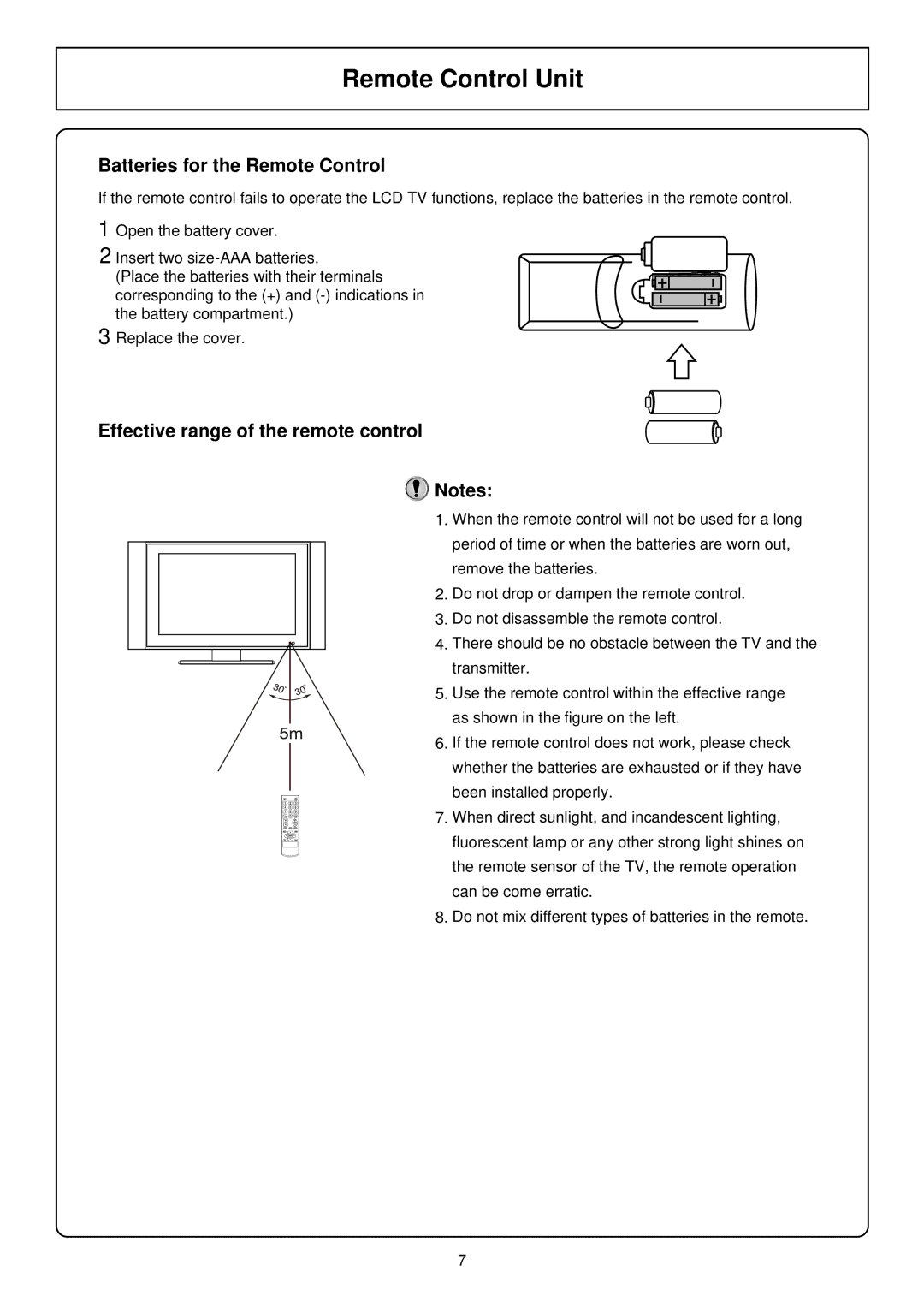 Palsonic TFTV580 owner manual Batteries for the Remote Control, Effective range of the remote control 