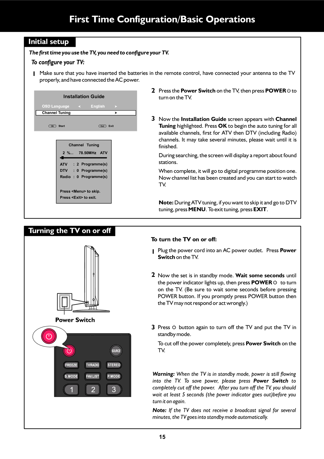 Palsonic TFTV663R First Time Configuration/Basic Operations, Initial setup, Turning the TV on or off, Power Switch 