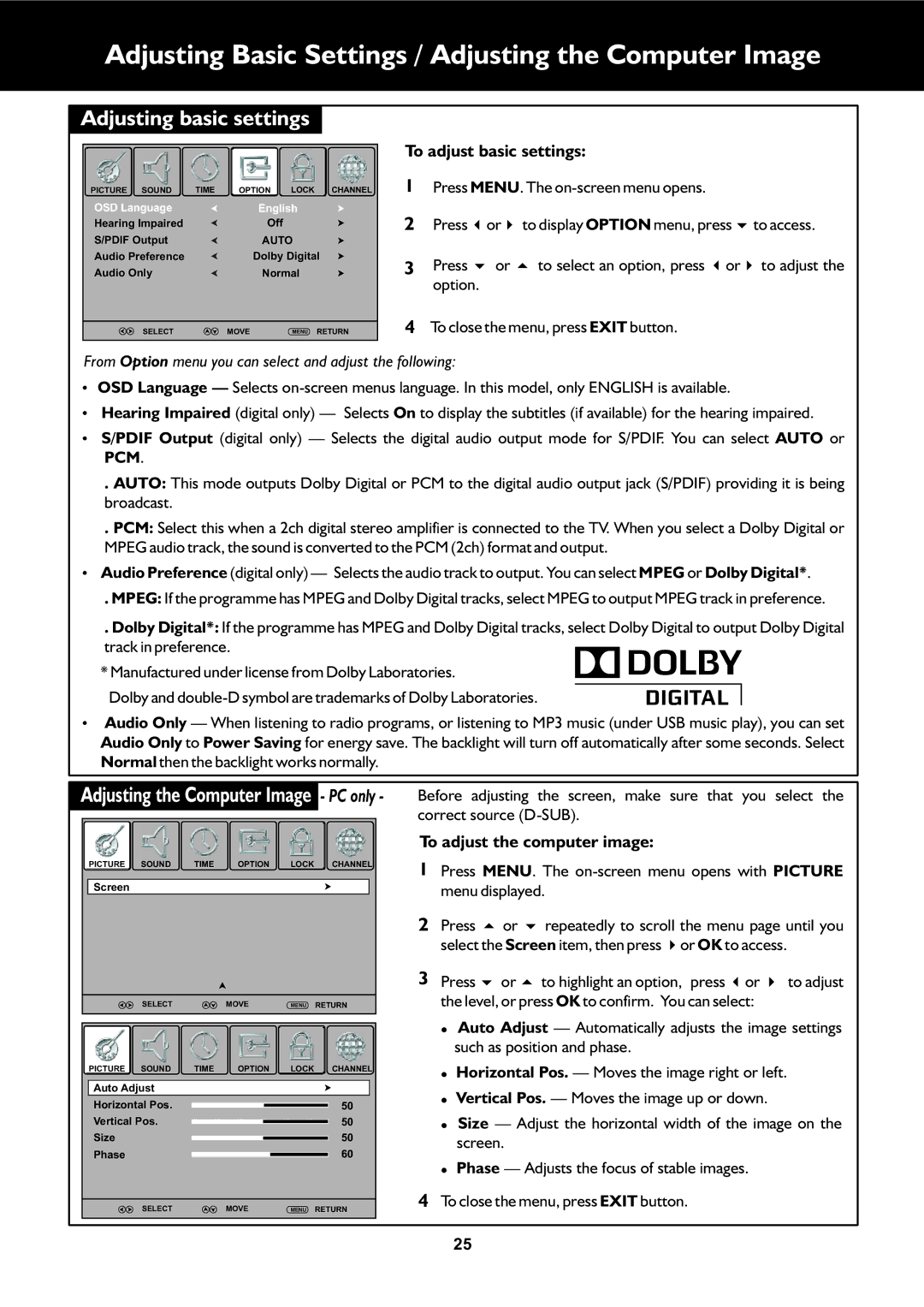 Palsonic TFTV663R owner manual Adjusting Basic Settings / Adjusting the Computer Image, Adjusting basic settings 