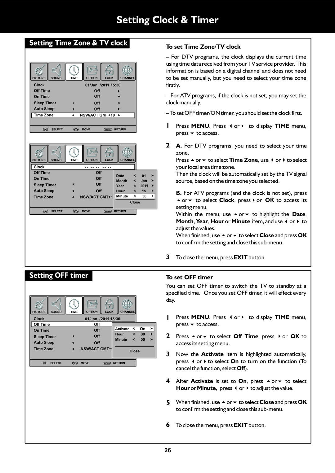 Palsonic TFTV663R owner manual Setting Clock & Timer, Setting OFF timer, To set Time Zone/TV clock, To set OFF timer 