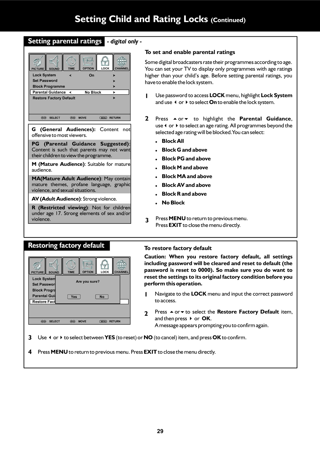 Palsonic TFTV663R owner manual Restoring factory default, Setting parental ratings, To set and enable parental ratings 