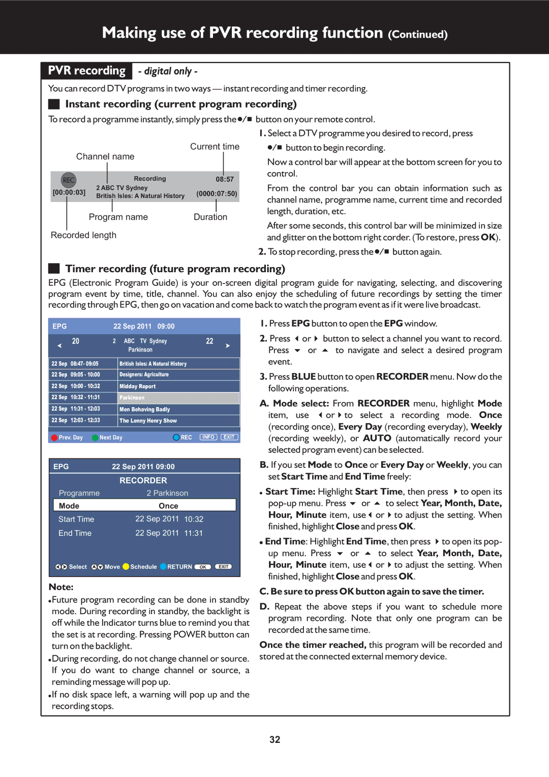 Palsonic TFTV663R owner manual Instant recording current program recording, Timer recording future program recording 