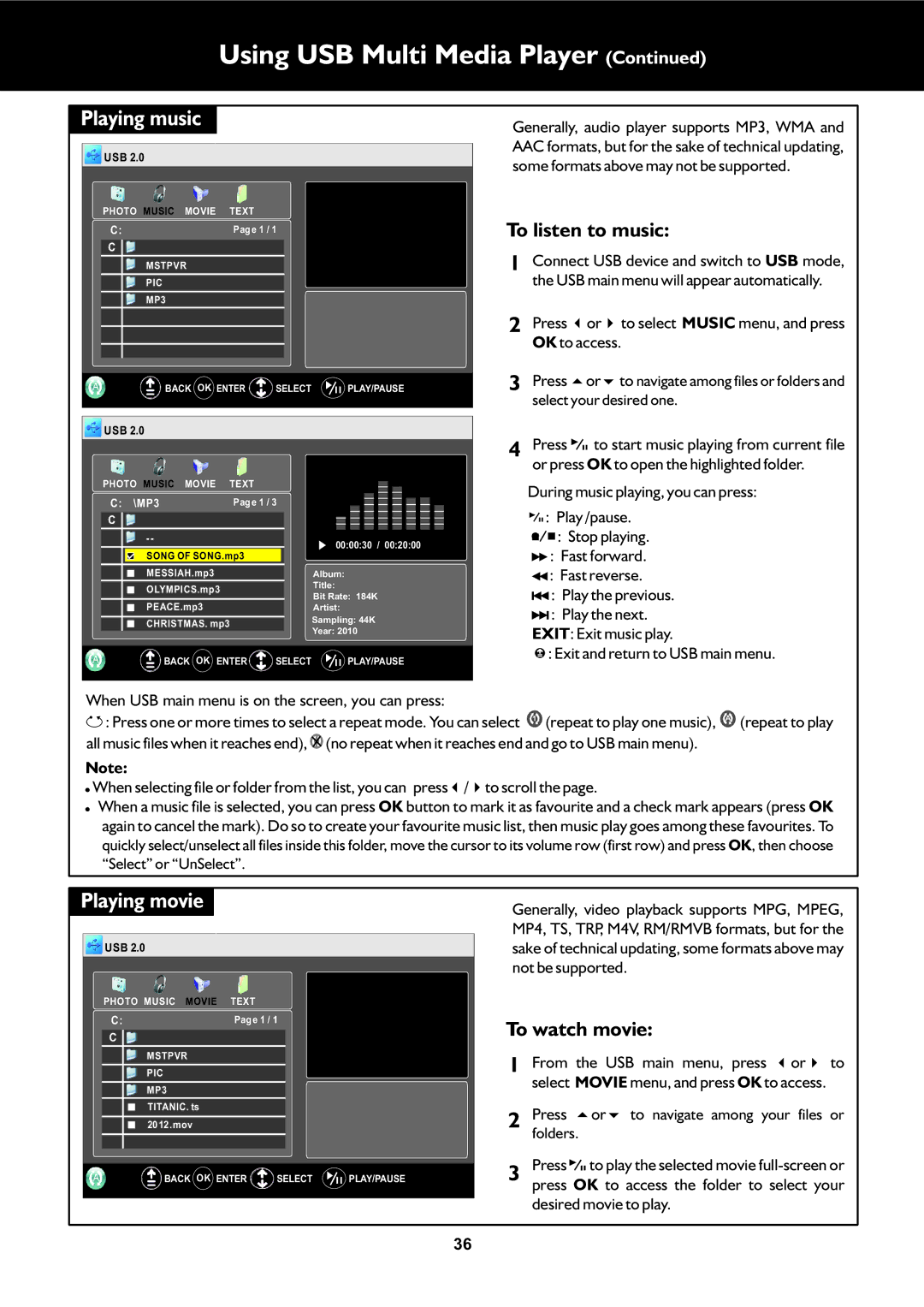 Palsonic TFTV663R owner manual Playing music, Playing movie 