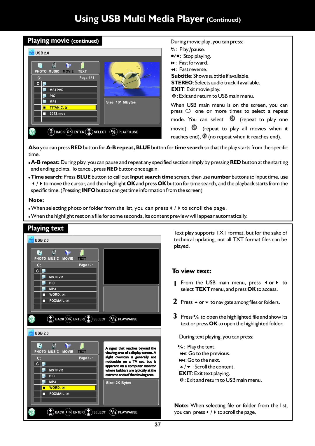 Palsonic TFTV663R Playing text, During movie play, you can press Play /pause, During text playing, you can press 