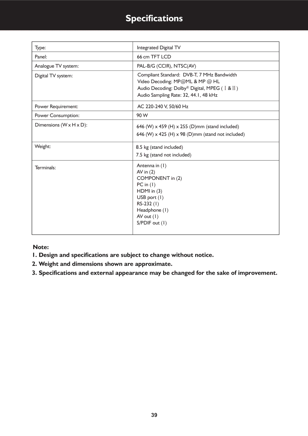 Palsonic TFTV663R owner manual Specifications, PAL-B/G CCIR, Ntscav 