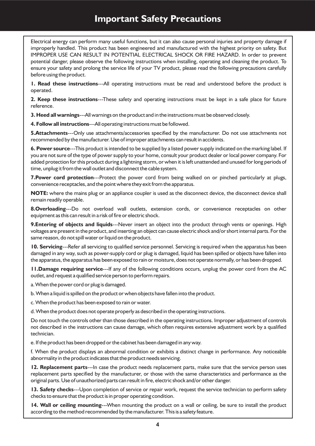 Palsonic TFTV663R owner manual Important Safety Precautions 