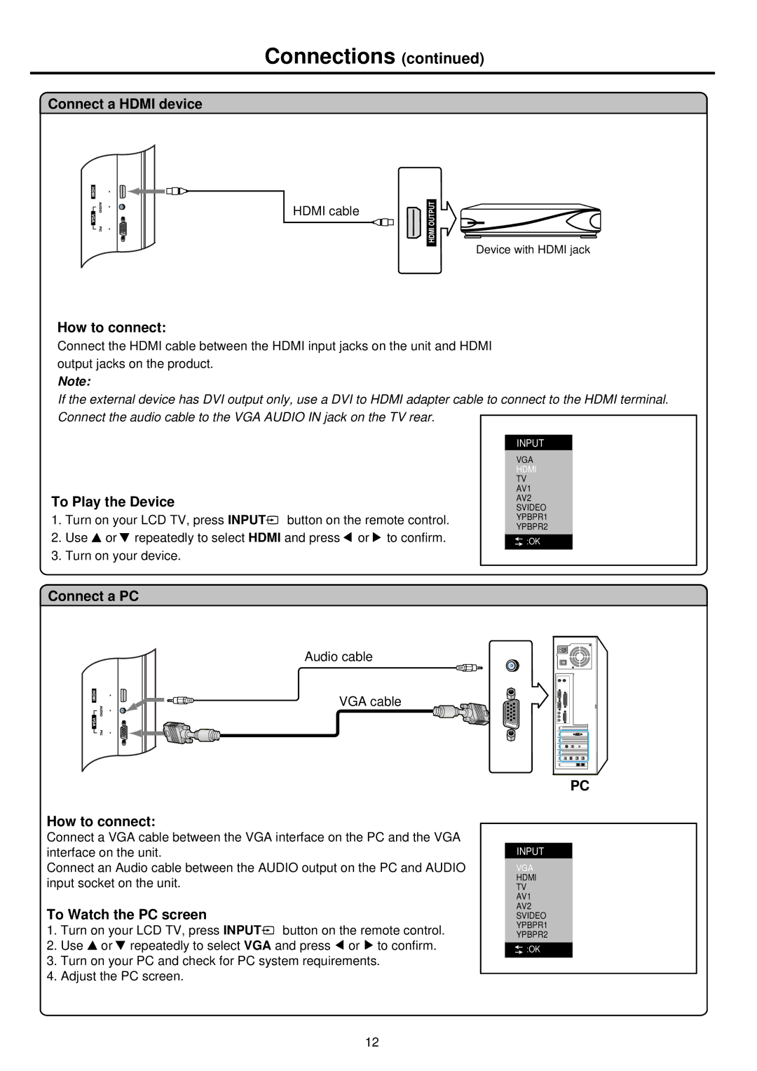 Palsonic TFTV665UBK owner manual Connect a Hdmi device, To Play the Device, Connect a PC, To Watch the PC screen 