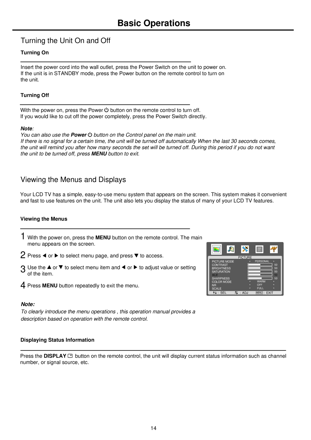 Palsonic TFTV665UBK owner manual Basic Operations, Turning the Unit On and Off, Viewing the Menus and Displays 