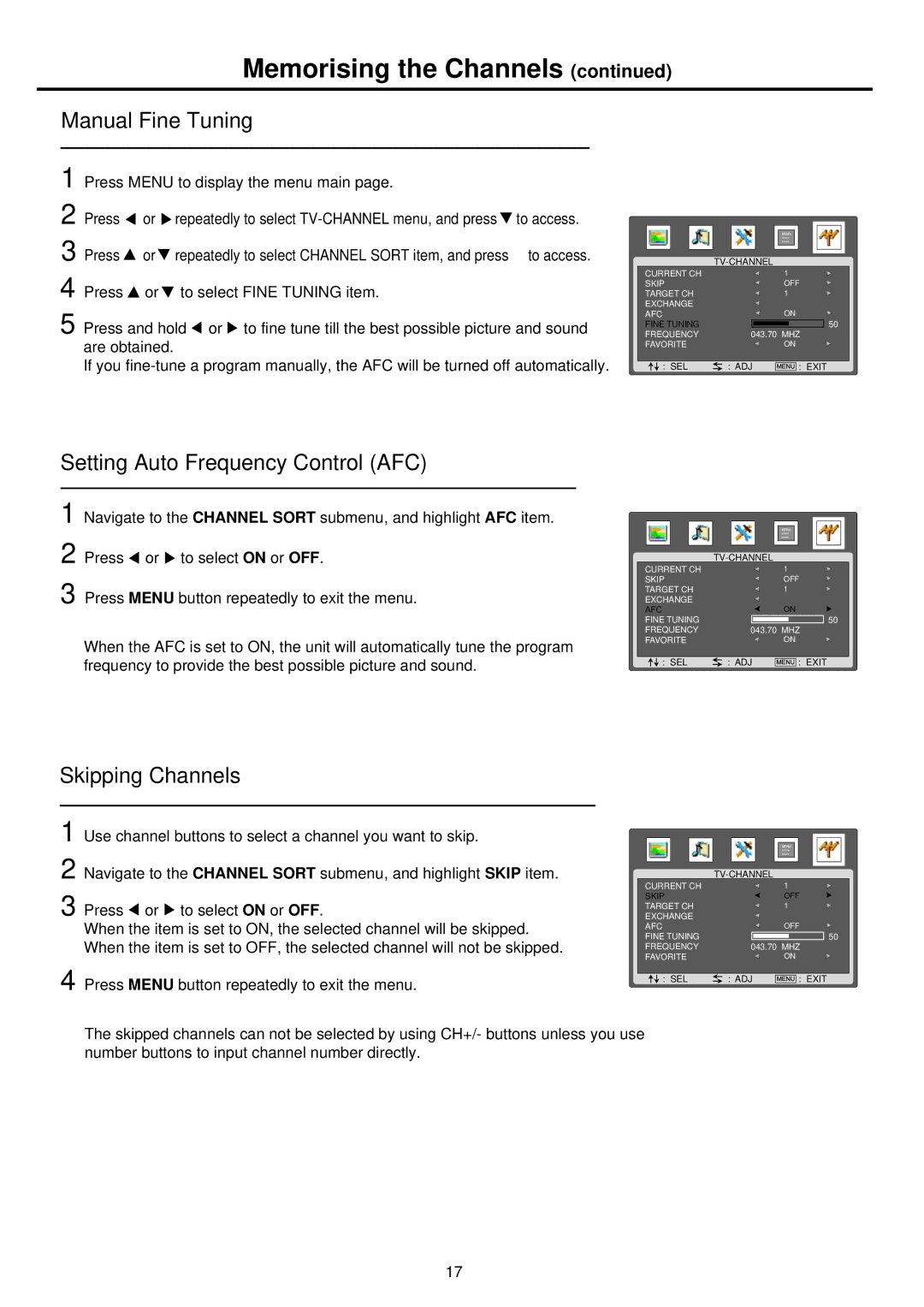 Palsonic TFTV665UBK owner manual Manual Fine Tuning, Setting Auto Frequency Control AFC, Skipping Channels 