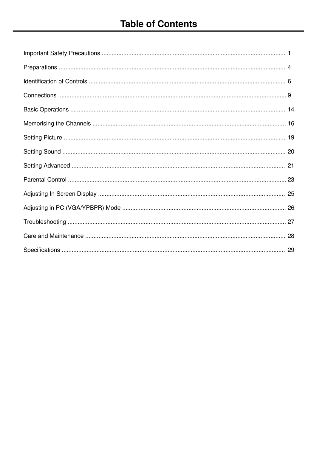 Palsonic TFTV665UBK owner manual Table of Contents 