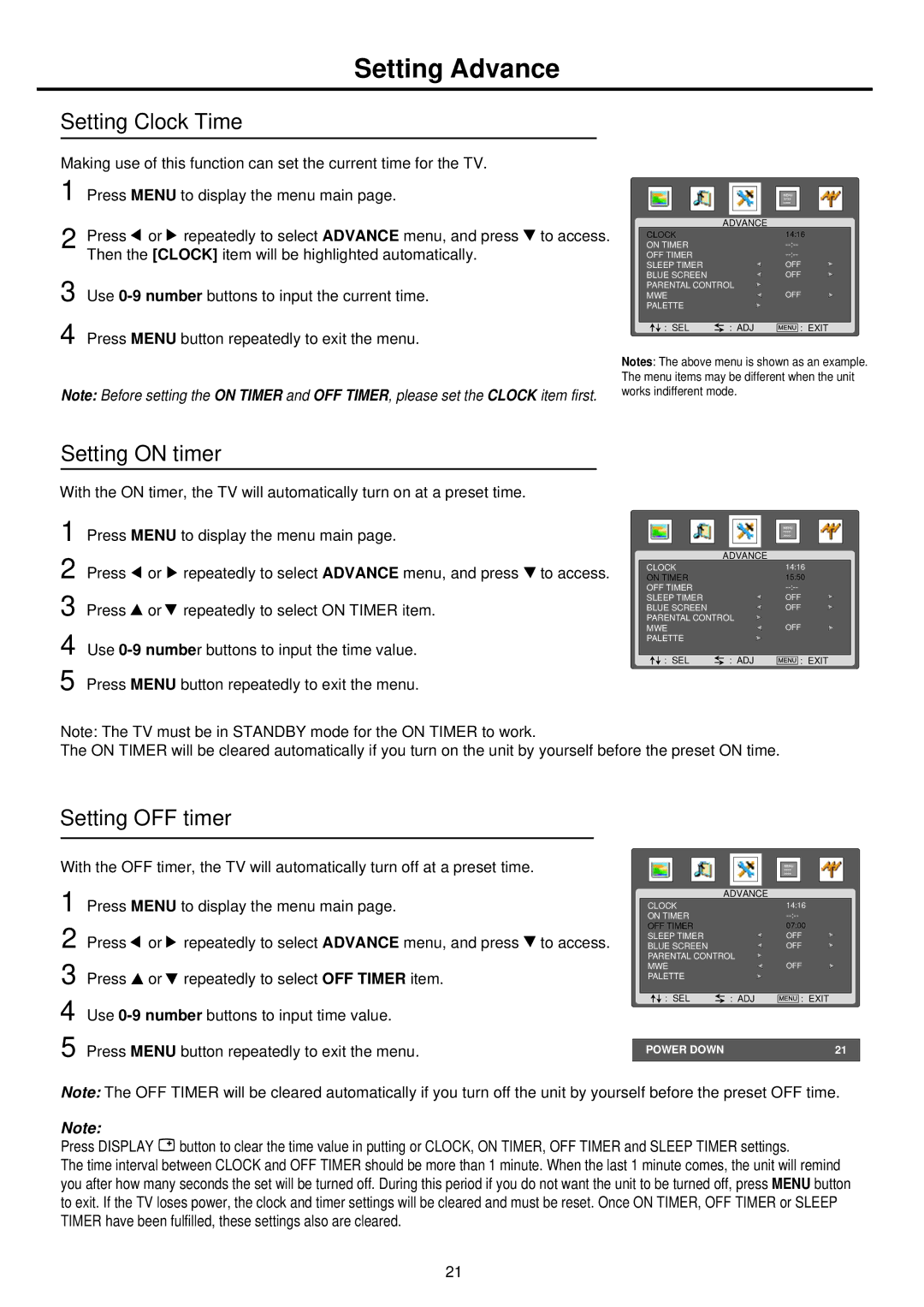 Palsonic TFTV665UBK owner manual Setting Advance, Setting Clock Time, Setting on timer, Setting OFF timer 