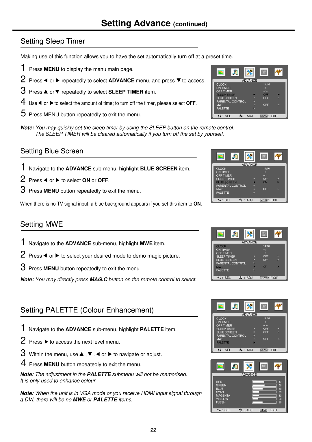 Palsonic TFTV665UBK owner manual Setting Sleep Timer, Setting MWE, Setting Palette Colour Enhancement 