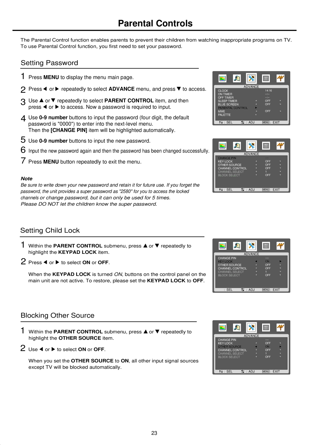 Palsonic TFTV665UBK owner manual Parental Controls, Setting Password 