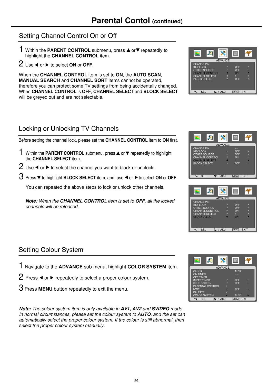 Palsonic TFTV665UBK owner manual Parental Contol, Setting Channel Control On or Off, Locking or Unlocking TV Channels 