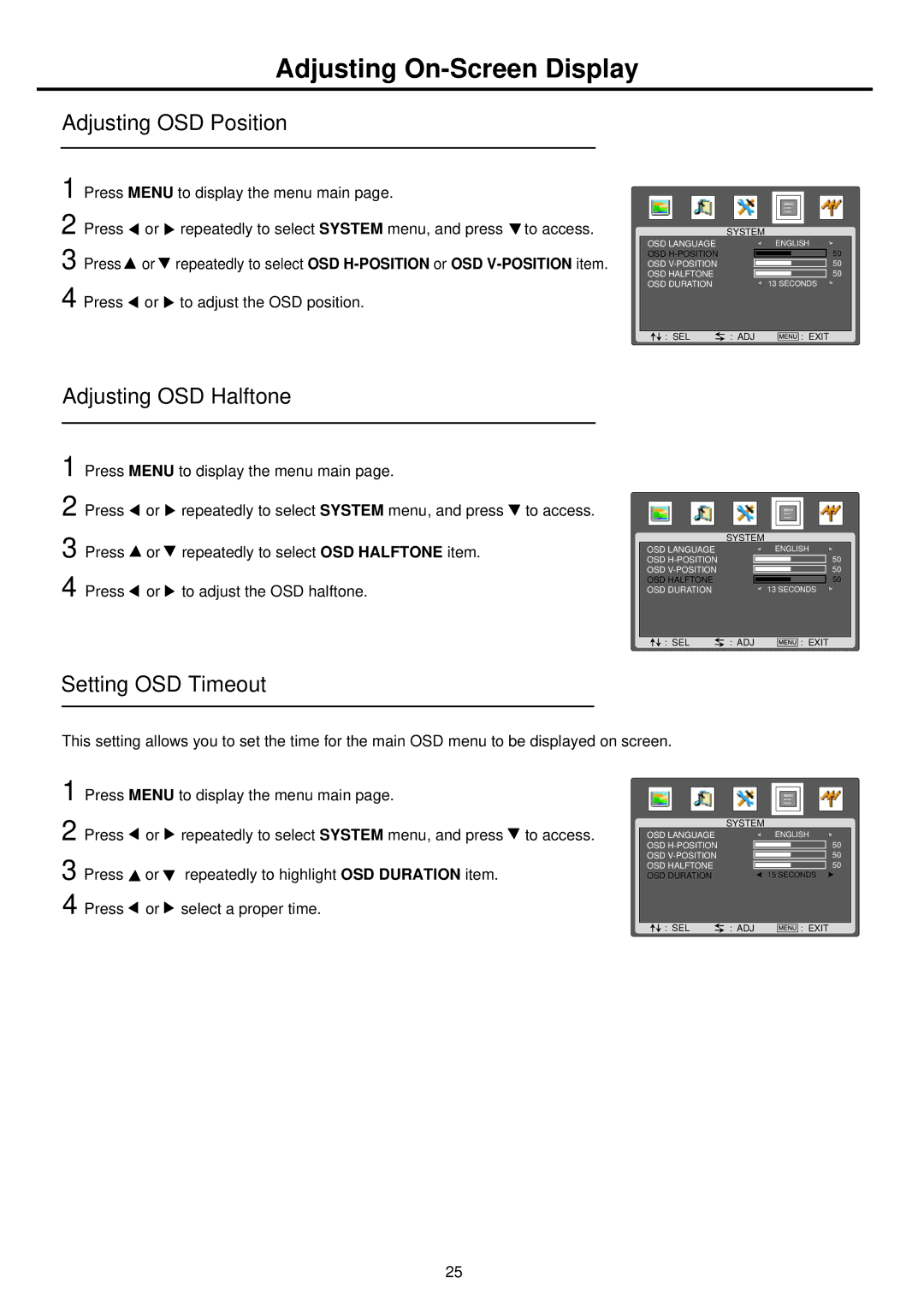 Palsonic TFTV665UBK Adjusting On-Screen Display, Adjusting OSD Position, Adjusting OSD Halftone, Setting OSD Timeout 