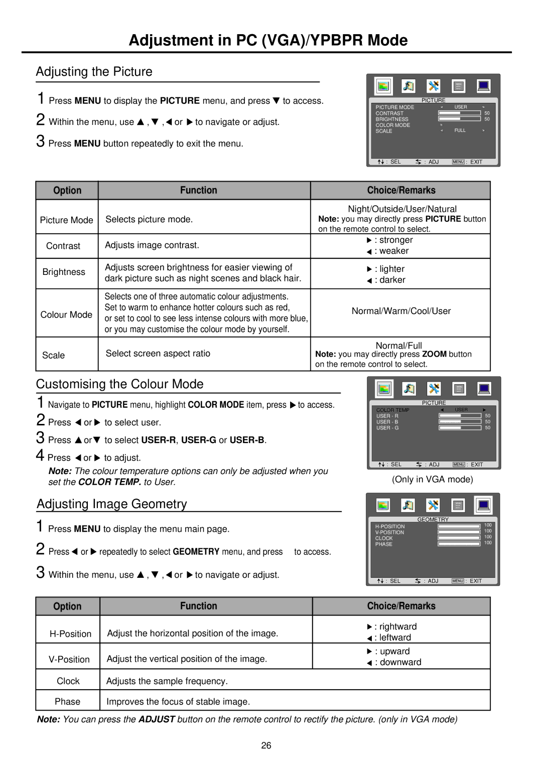 Palsonic TFTV665UBK owner manual Adjustment in PC VGA/YPBPR Mode, Adjusting the Picture, Customising the Colour Mode 