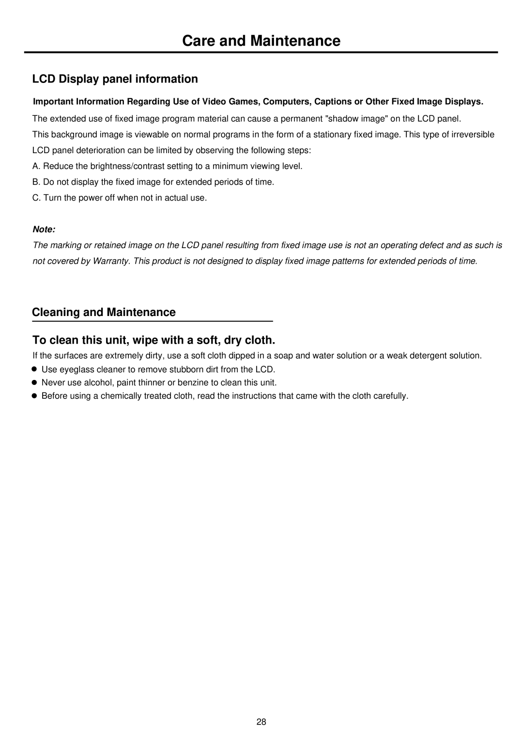 Palsonic TFTV665UBK owner manual Care and Maintenance, LCD Display panel information 