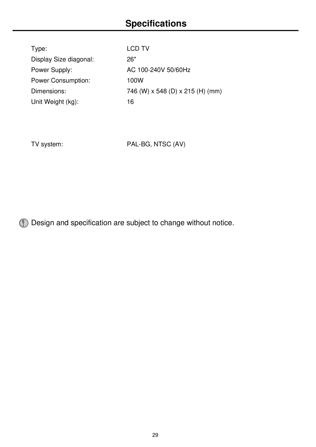 Palsonic TFTV665UBK owner manual Specifications, Lcd Tv 