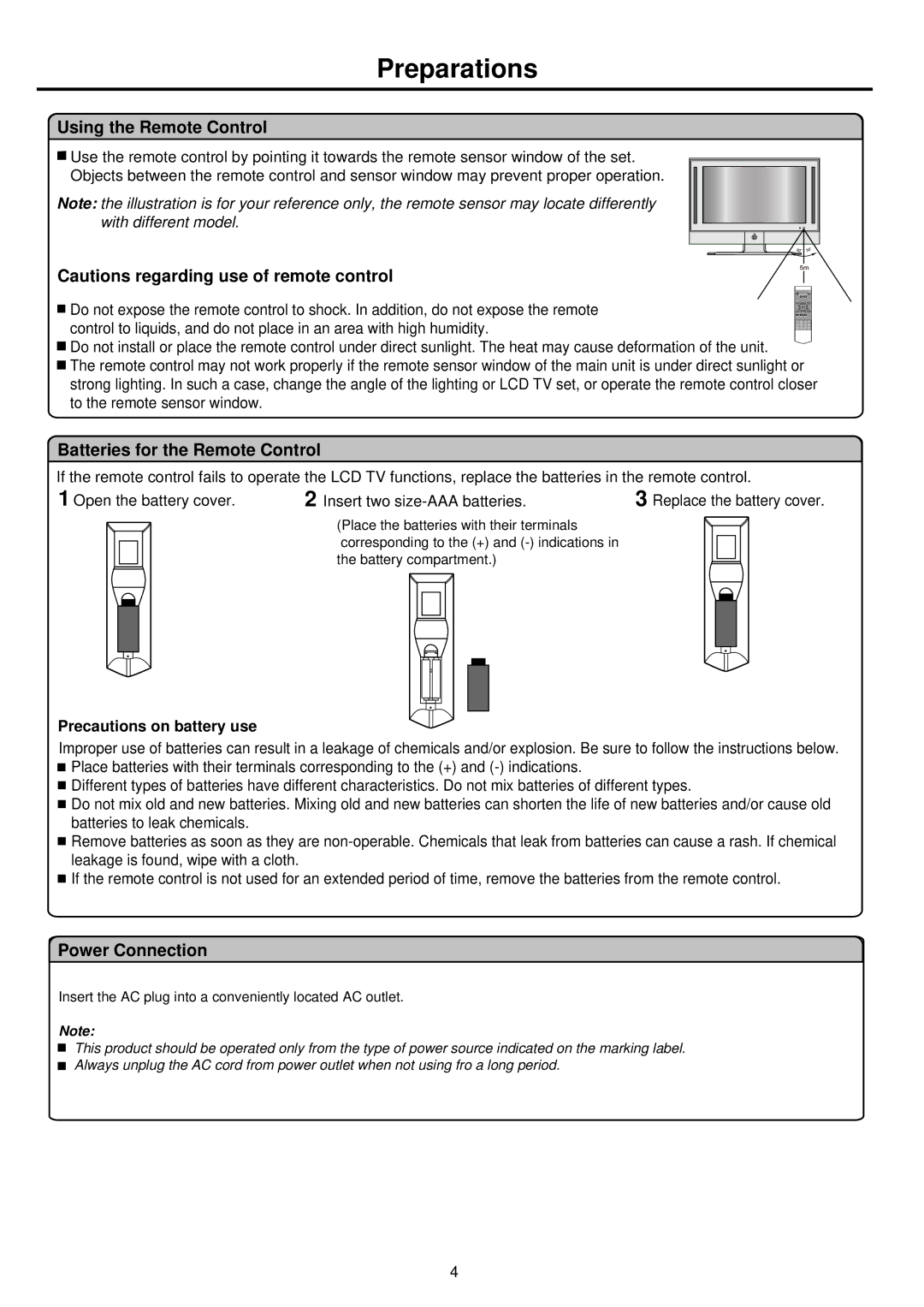 Palsonic TFTV665UBK owner manual Preparations, Using the Remote Control, Batteries for the Remote Control, Power Connection 