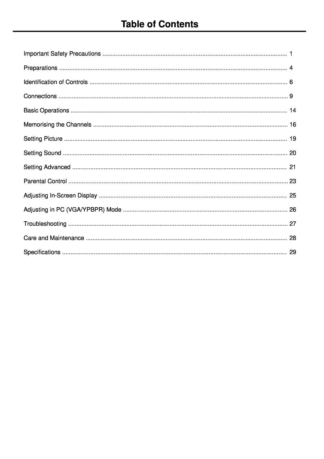 Palsonic TFTV665UBK owner manual Table of Contents 