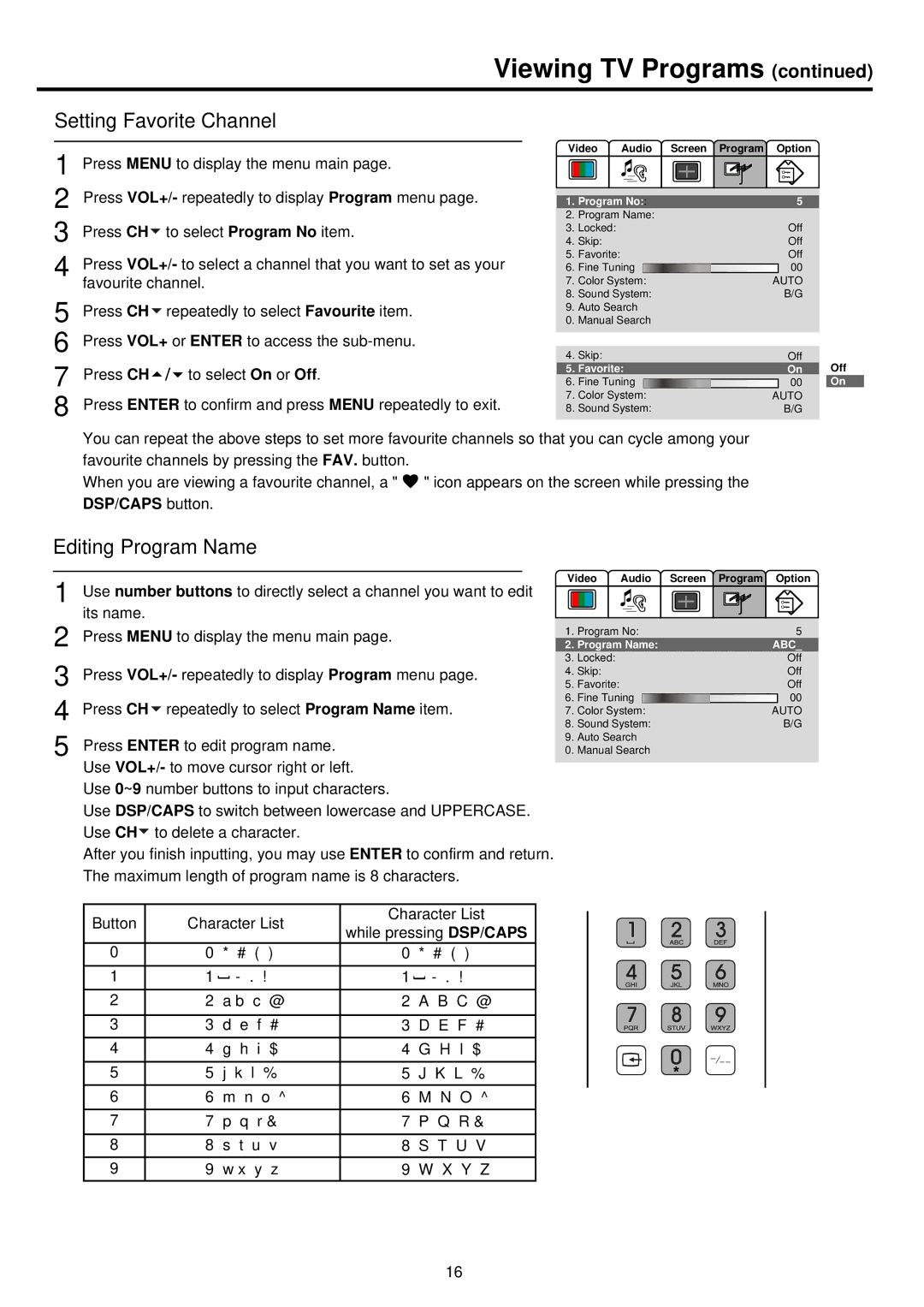 Palsonic TFTV680 owner manual Setting Favorite Channel, Editing Program Name 