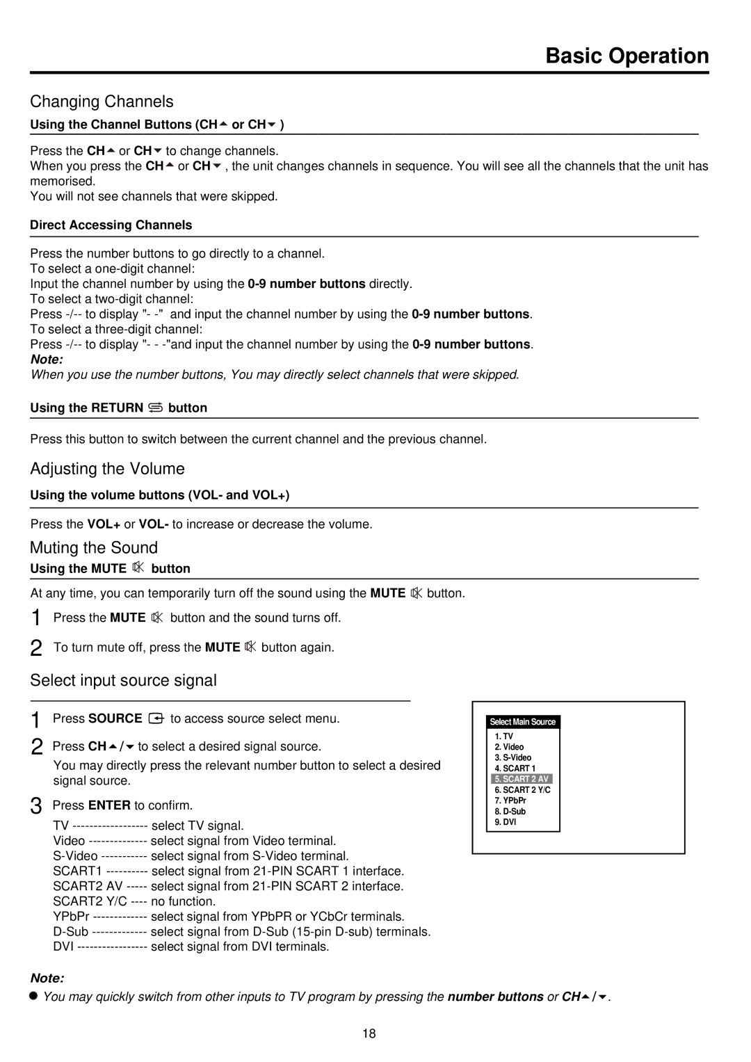 Palsonic TFTV680 Basic Operation, Changing Channels, Adjusting the Volume, Muting the Sound, Select input source signal 