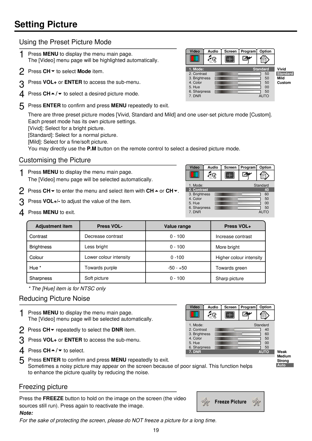 Palsonic TFTV680 Setting Picture, Using the Preset Picture Mode, Customising the Picture, Reducing Picture Noise 