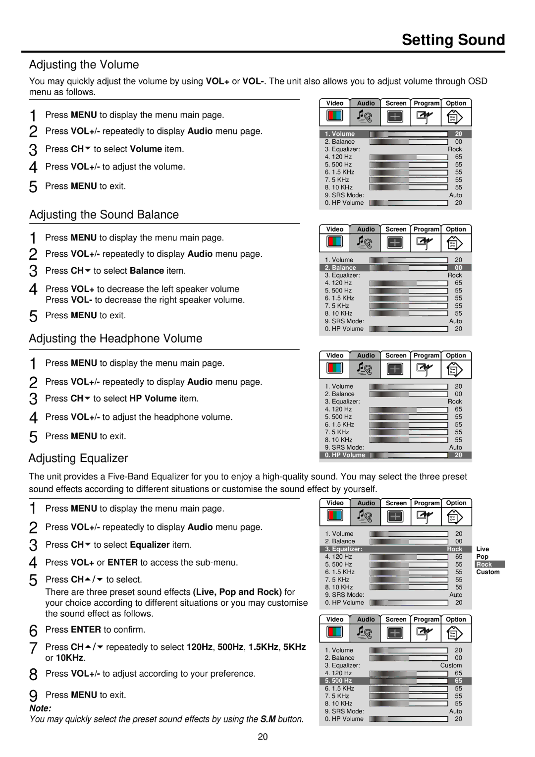 Palsonic TFTV680 Setting Sound, Adjusting the Sound Balance, Adjusting the Headphone Volume, Adjusting Equalizer 