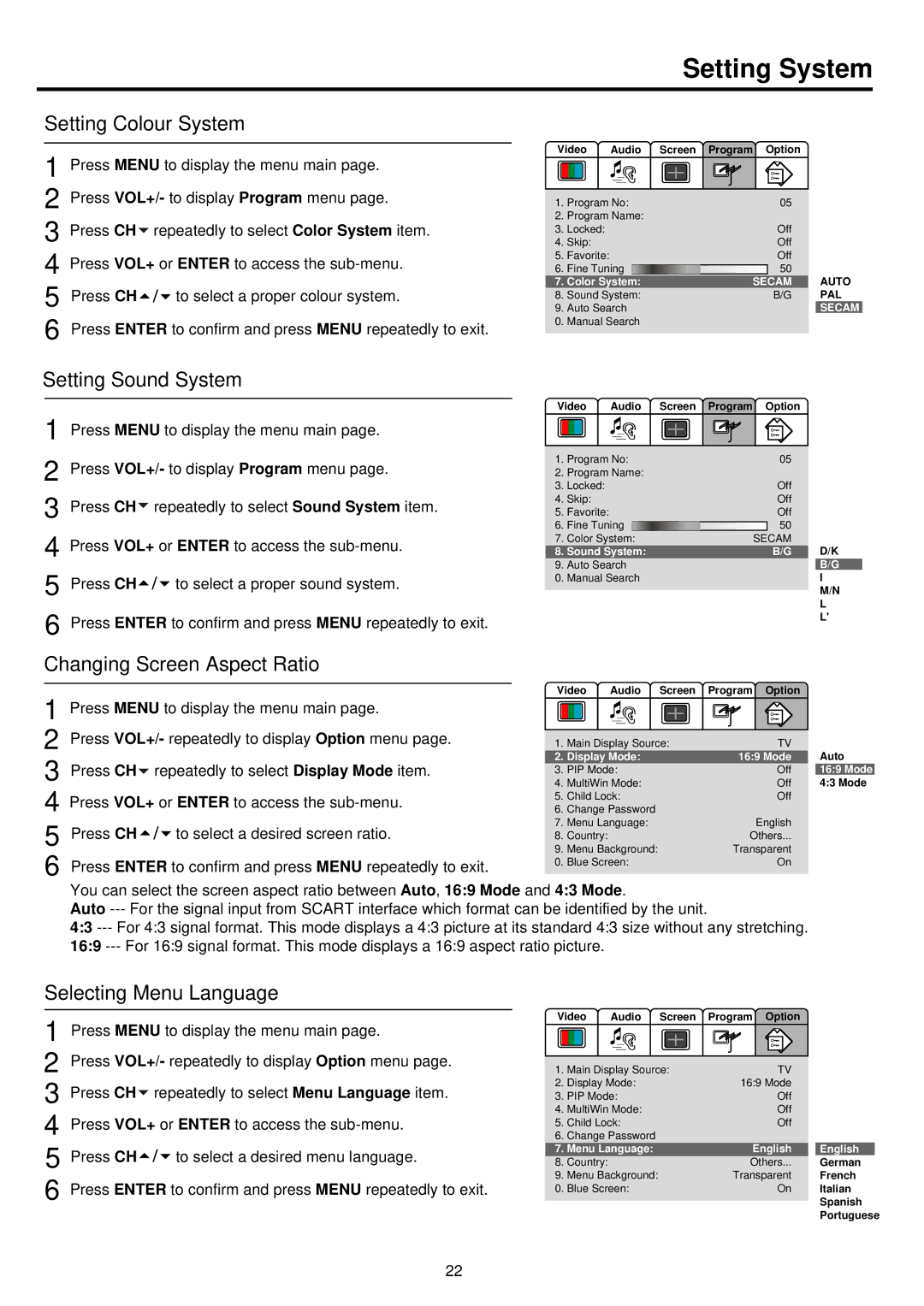 Palsonic TFTV680 owner manual Setting System, Setting Colour System, Setting Sound System, Changing Screen Aspect Ratio 