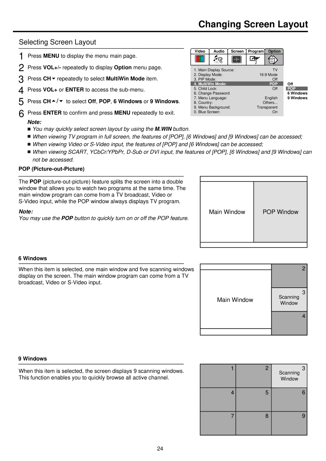 Palsonic TFTV680 Changing Screen Layout, Selecting Screen Layout, Press CH to select Off, POP, 6 Windows or 9 Windows 