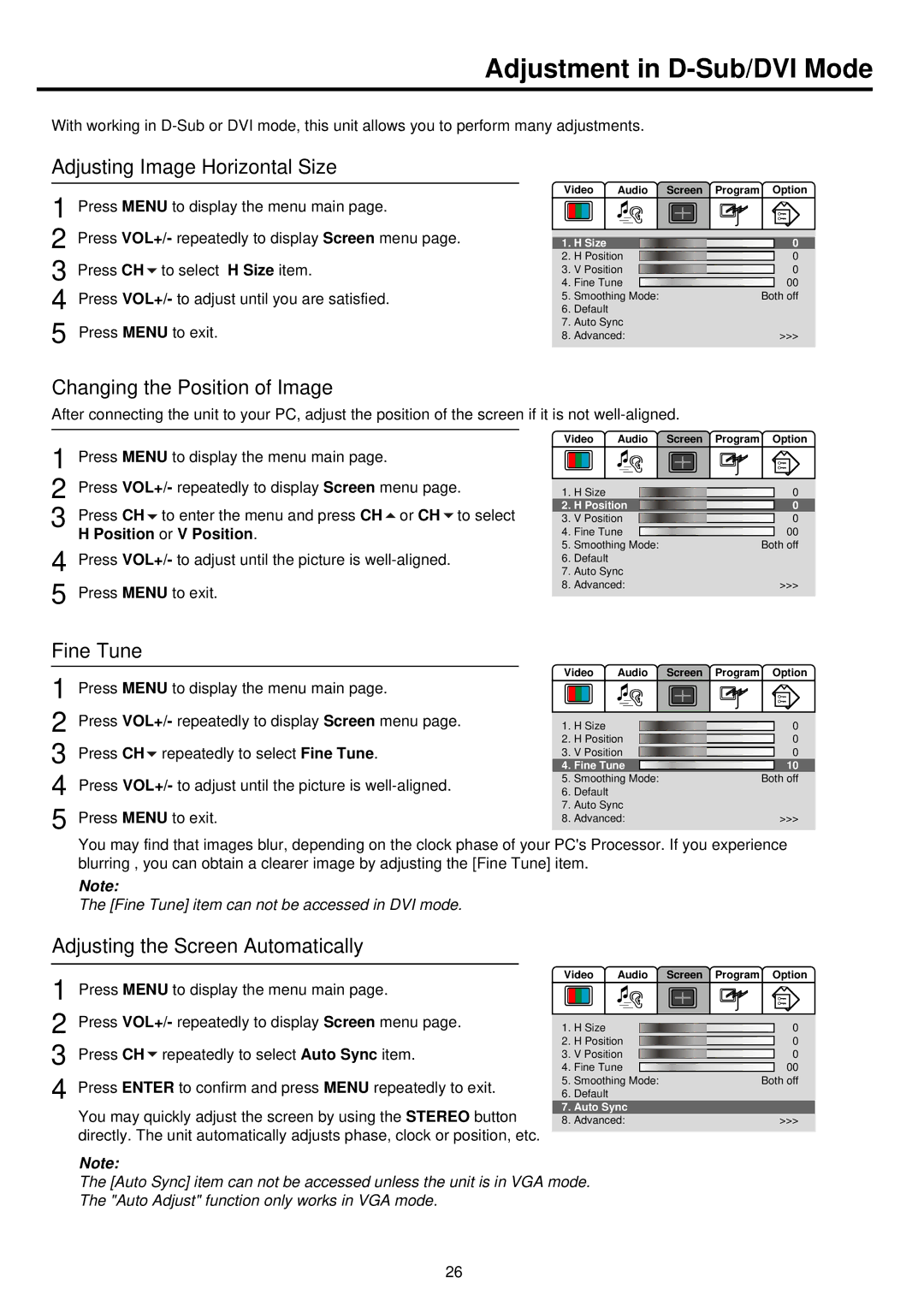 Palsonic TFTV680 Adjustment in D-Sub/DVI Mode, Adjusting Image Horizontal Size, Changing the Position of Image, Fine Tune 