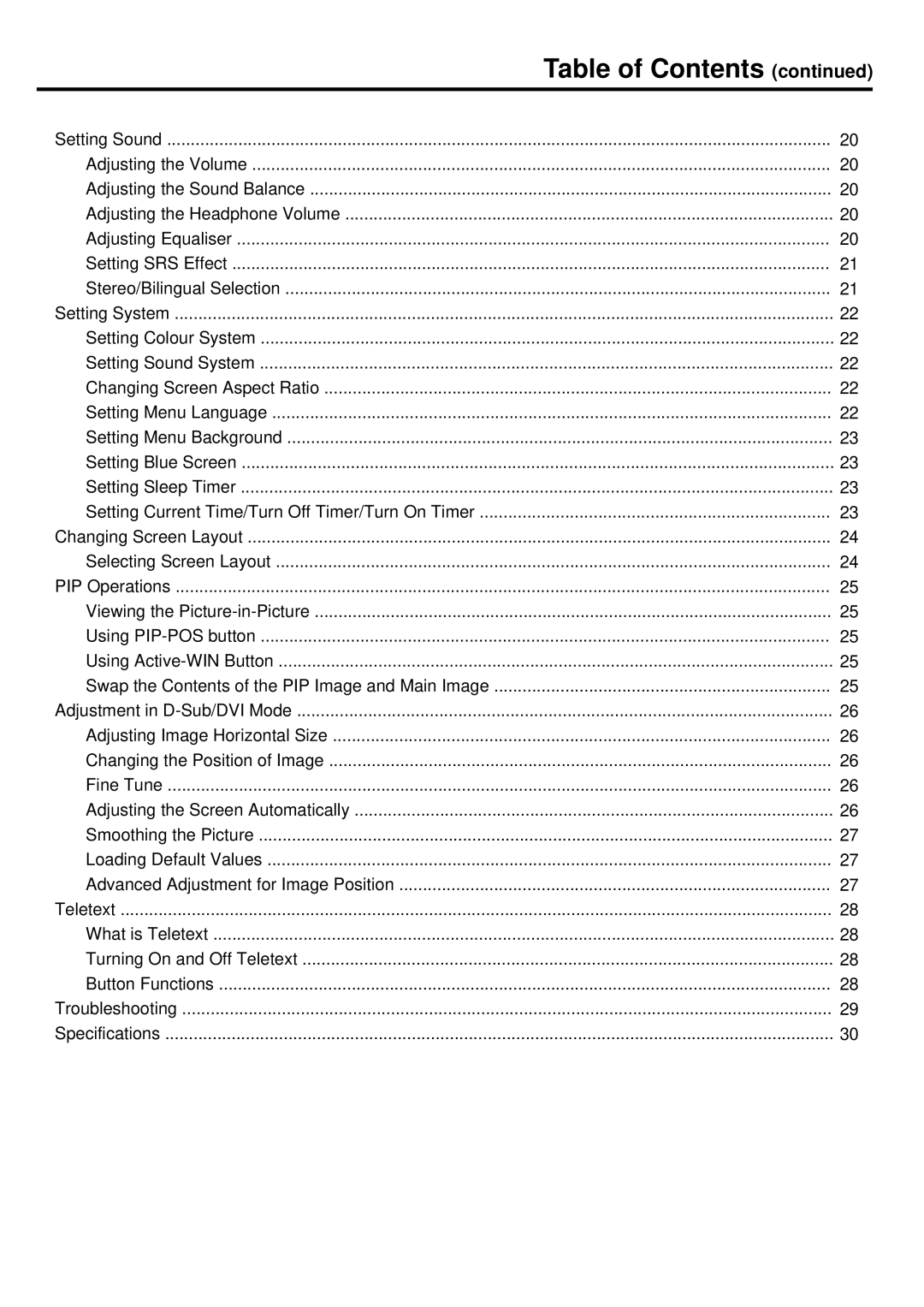 Palsonic TFTV680 owner manual Table of Contents 