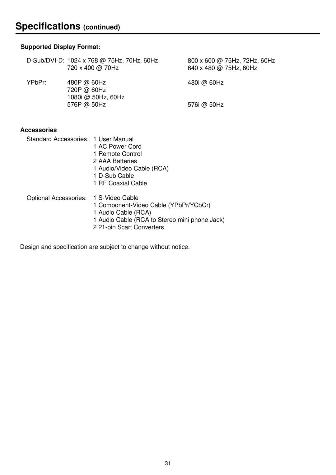 Palsonic TFTV680 owner manual Supported Display Format, Accessories 