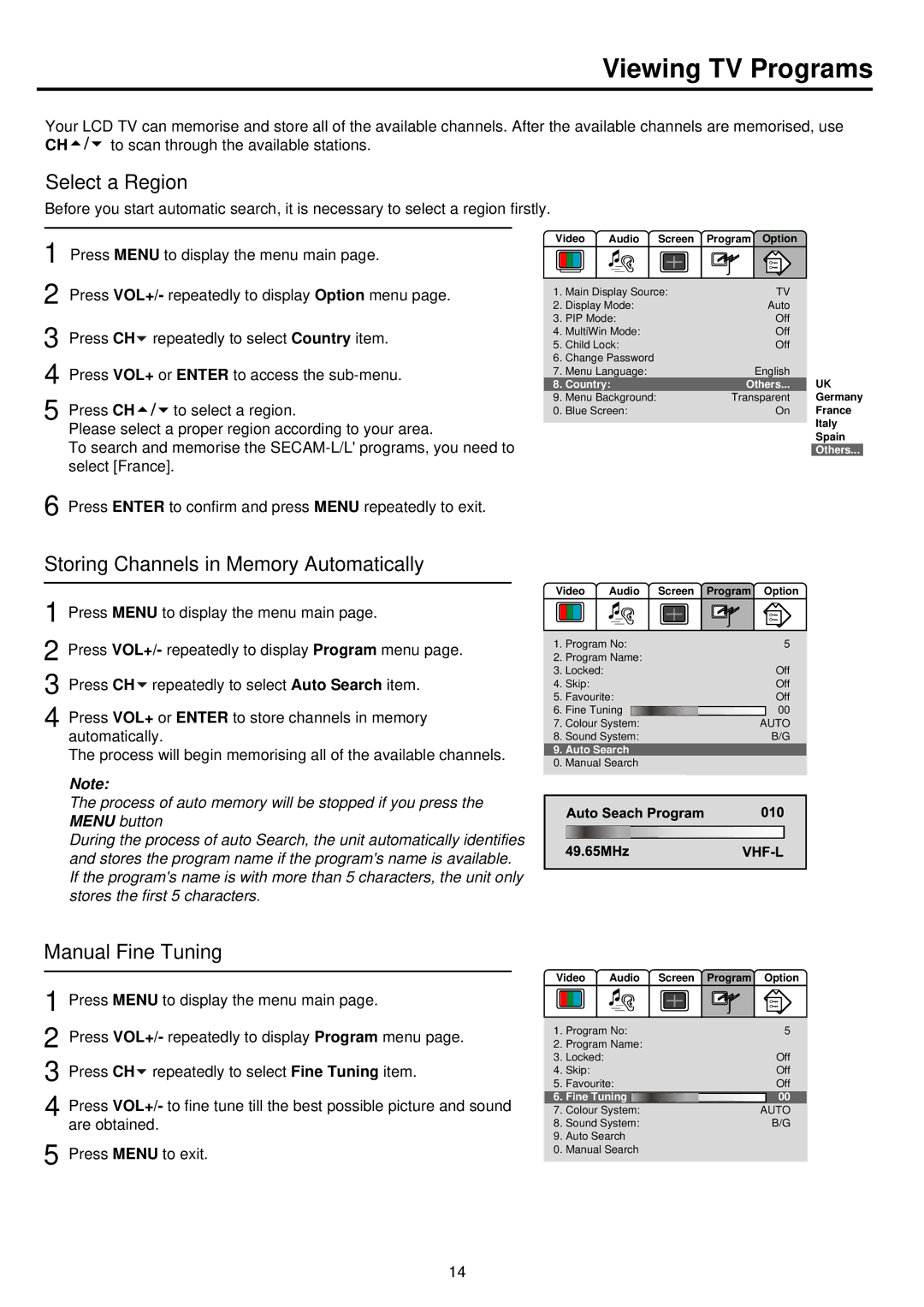 Palsonic TFTV680S Viewing TV Programs, Select a Region, Storing Channels in Memory Automatically, Manual Fine Tuning 