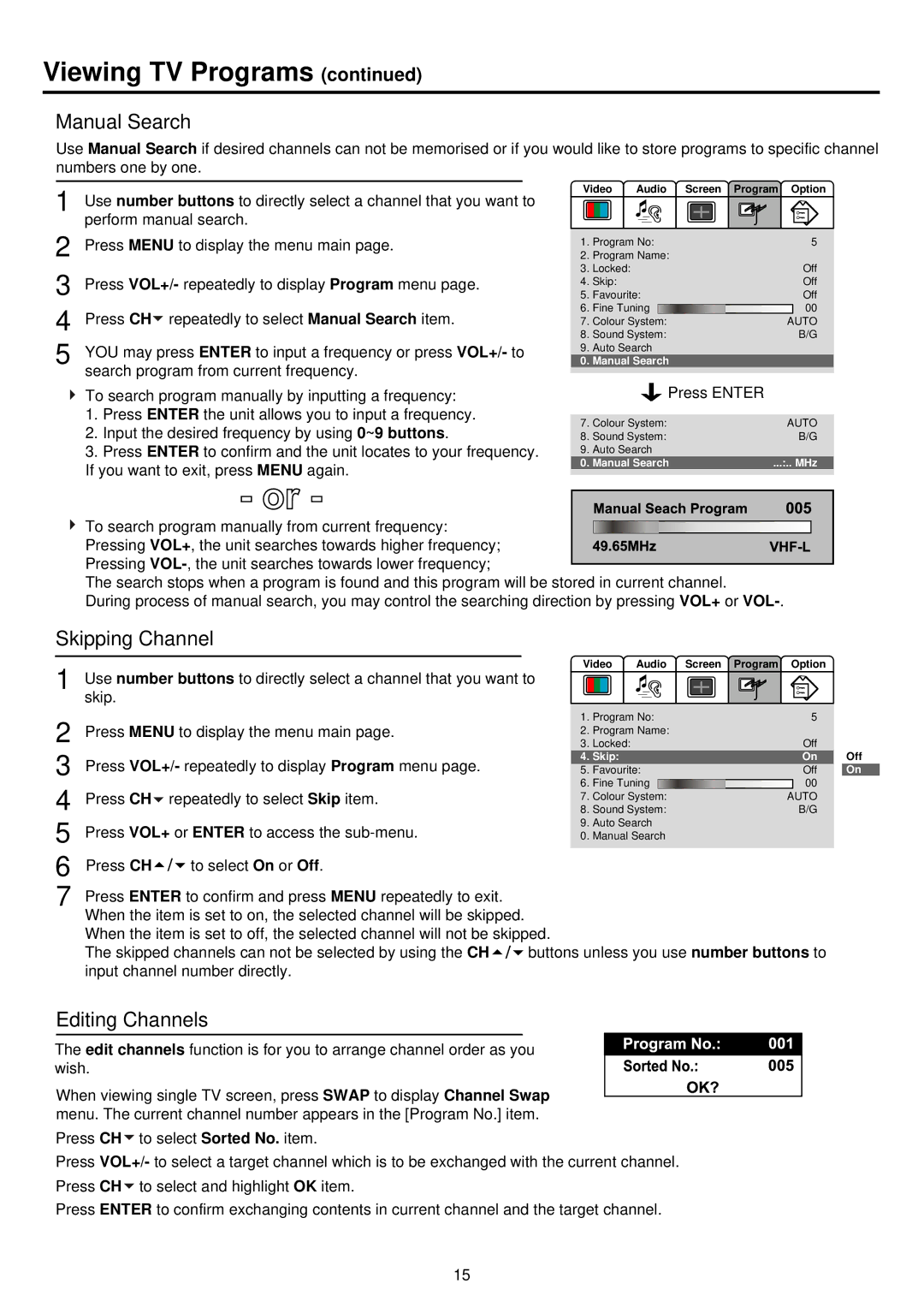 Palsonic TFTV680S owner manual Manual Search, Skipping Channel, Editing Channels 