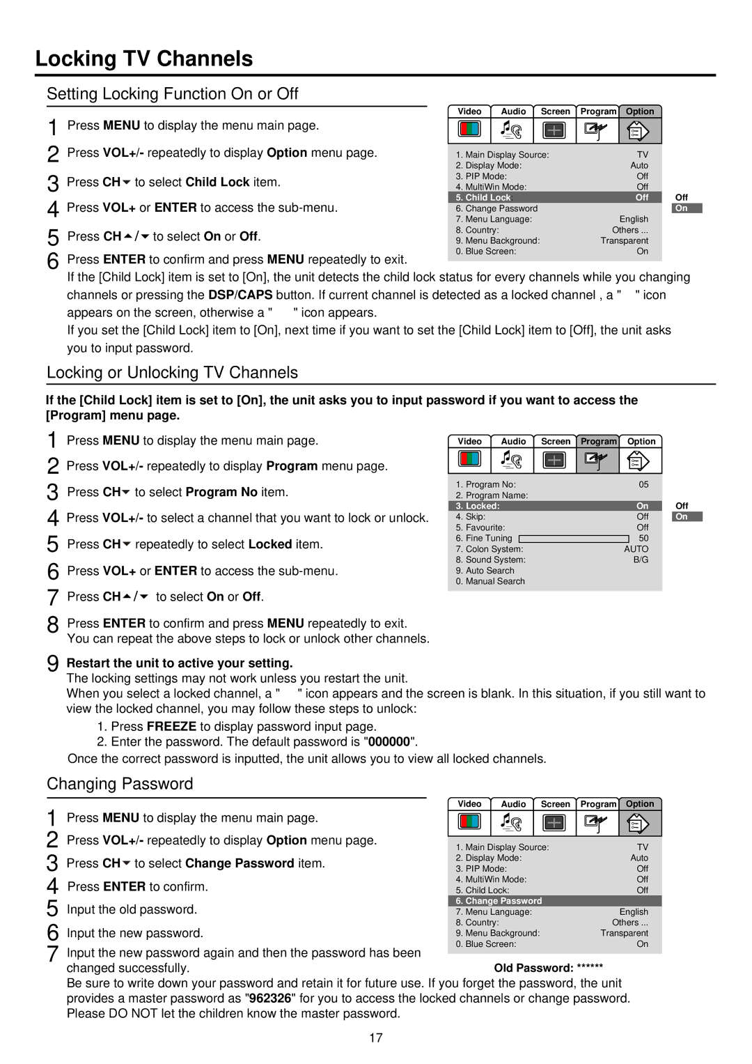 Palsonic TFTV680S owner manual Locking TV Channels, Setting Locking Function On or Off, Locking or Unlocking TV Channels 