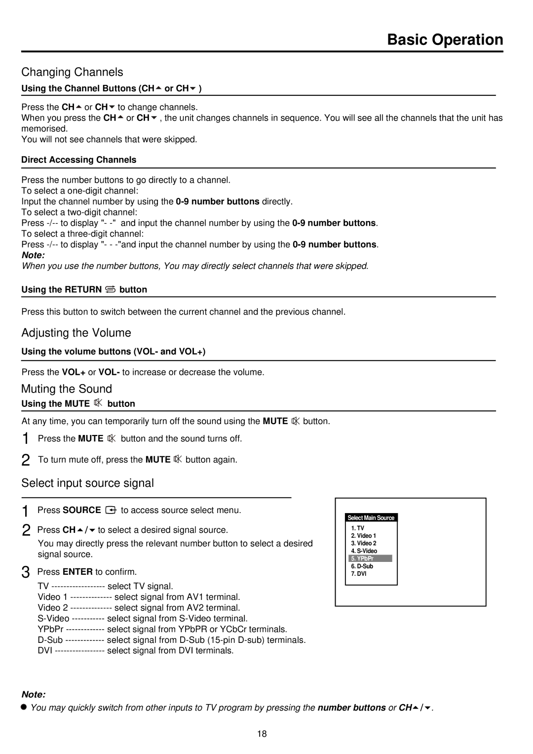 Palsonic TFTV680S Basic Operation, Changing Channels, Adjusting the Volume, Muting the Sound, Select input source signal 