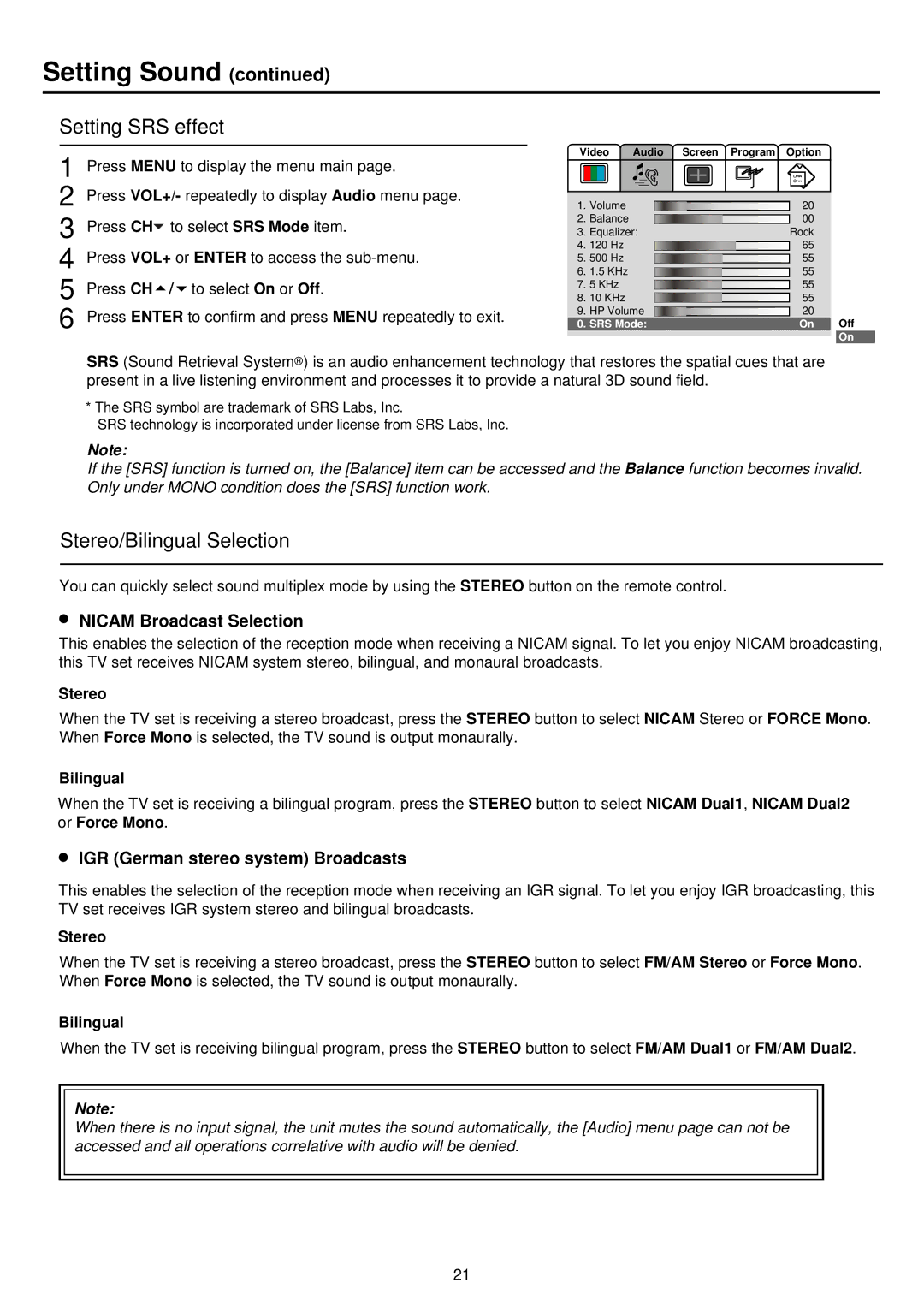 Palsonic TFTV680S owner manual Setting SRS effect, Stereo/Bilingual Selection, Nicam Broadcast Selection 