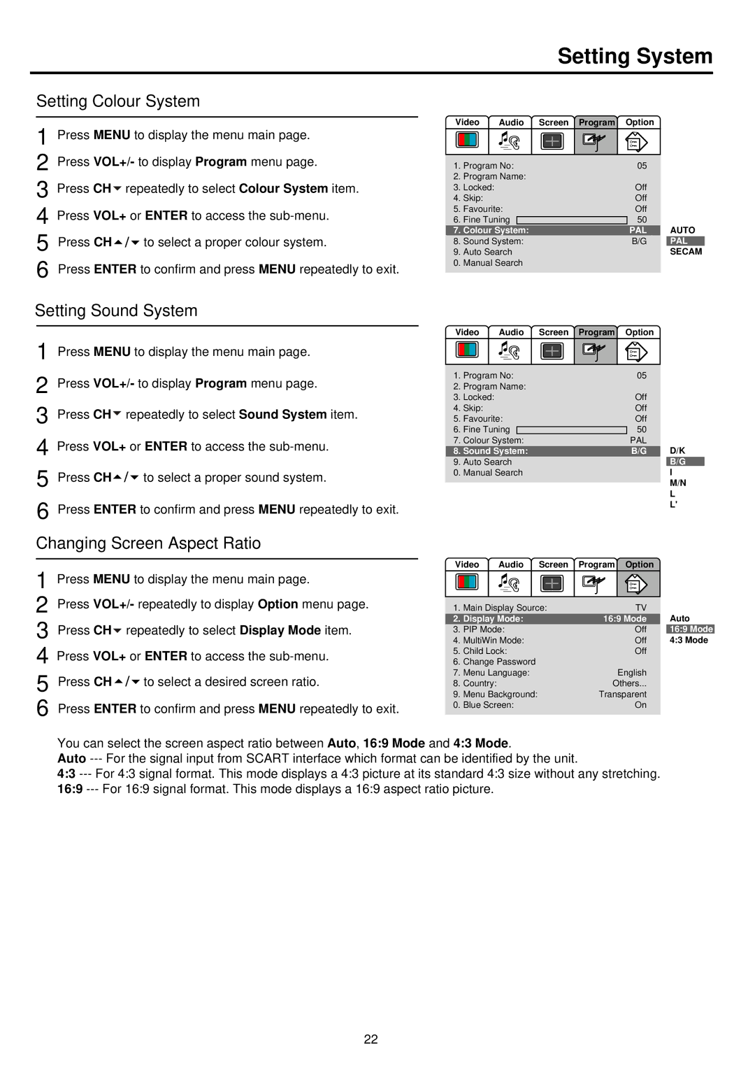 Palsonic TFTV680S owner manual Setting System, Setting Colour System, Setting Sound System, Changing Screen Aspect Ratio 