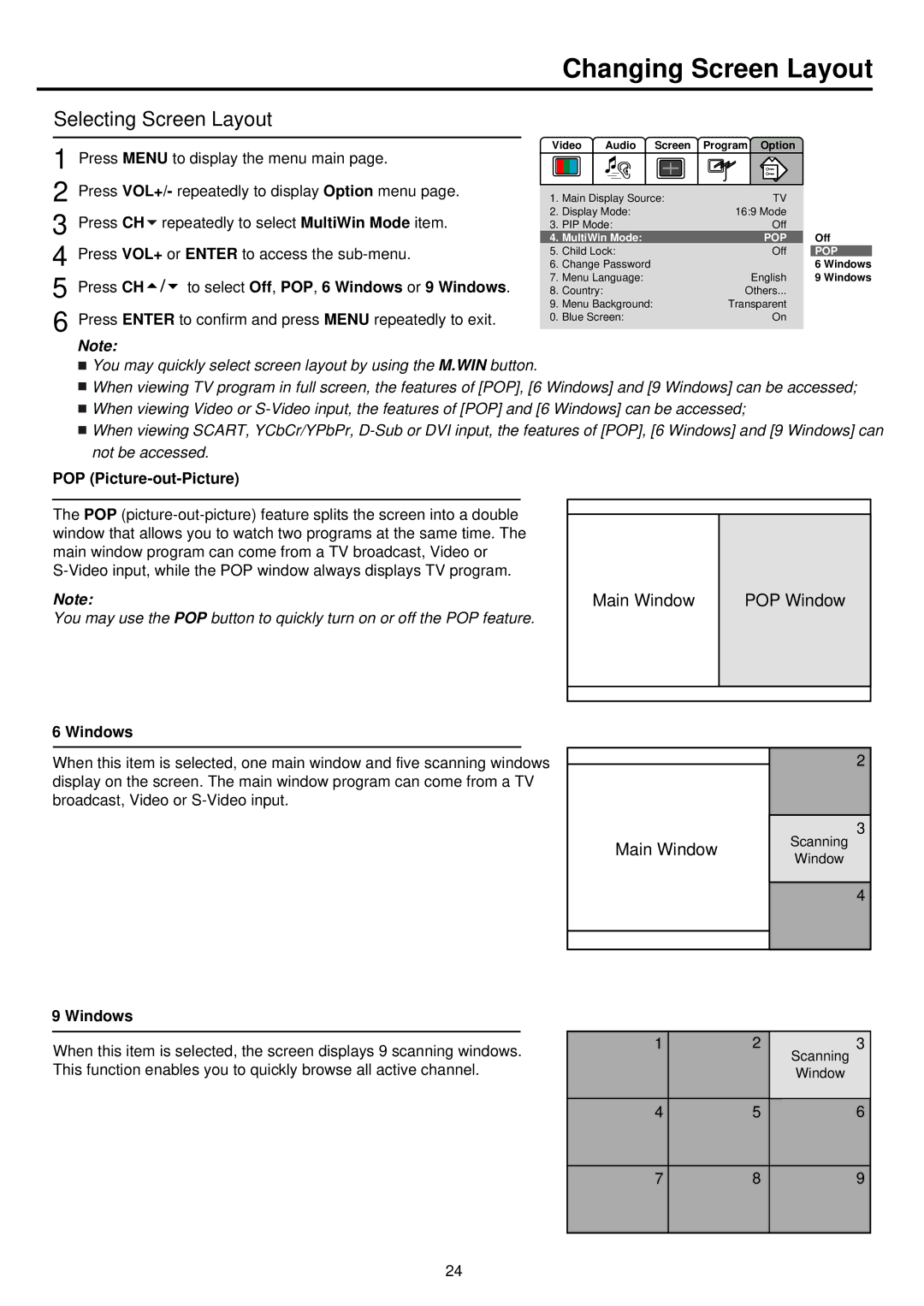 Palsonic TFTV680S Changing Screen Layout, Selecting Screen Layout, Press CH to select Off, POP, 6 Windows or 9 Windows 