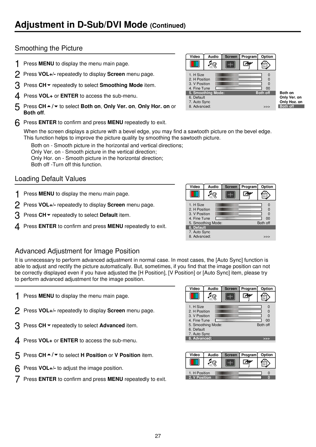 Palsonic TFTV680S owner manual Smoothing the Picture, Loading Default Values, Advanced Adjustment for Image Position 