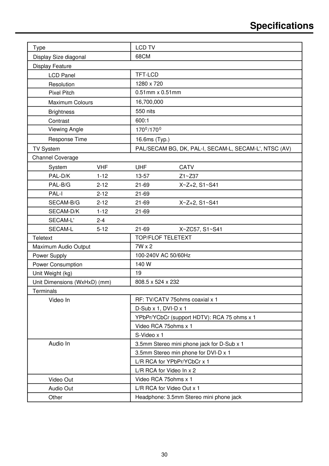 Palsonic TFTV680S owner manual Specifications, Tft-Lcd 