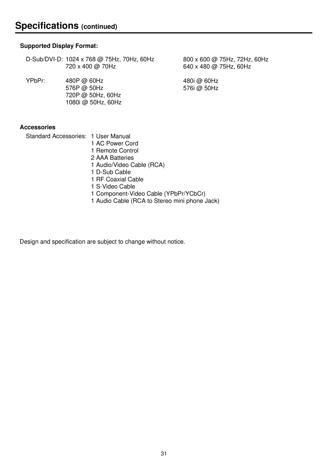 Palsonic TFTV680S owner manual Supported Display Format, Accessories 