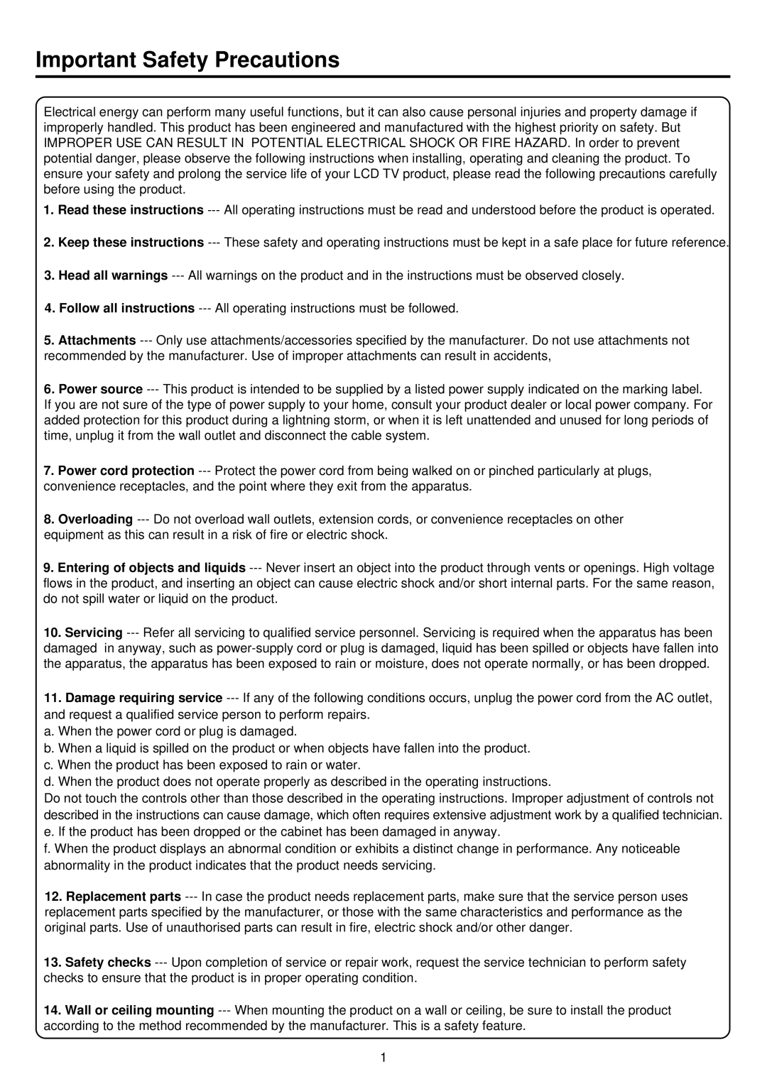 Palsonic TFTV680S owner manual Important Safety Precautions 