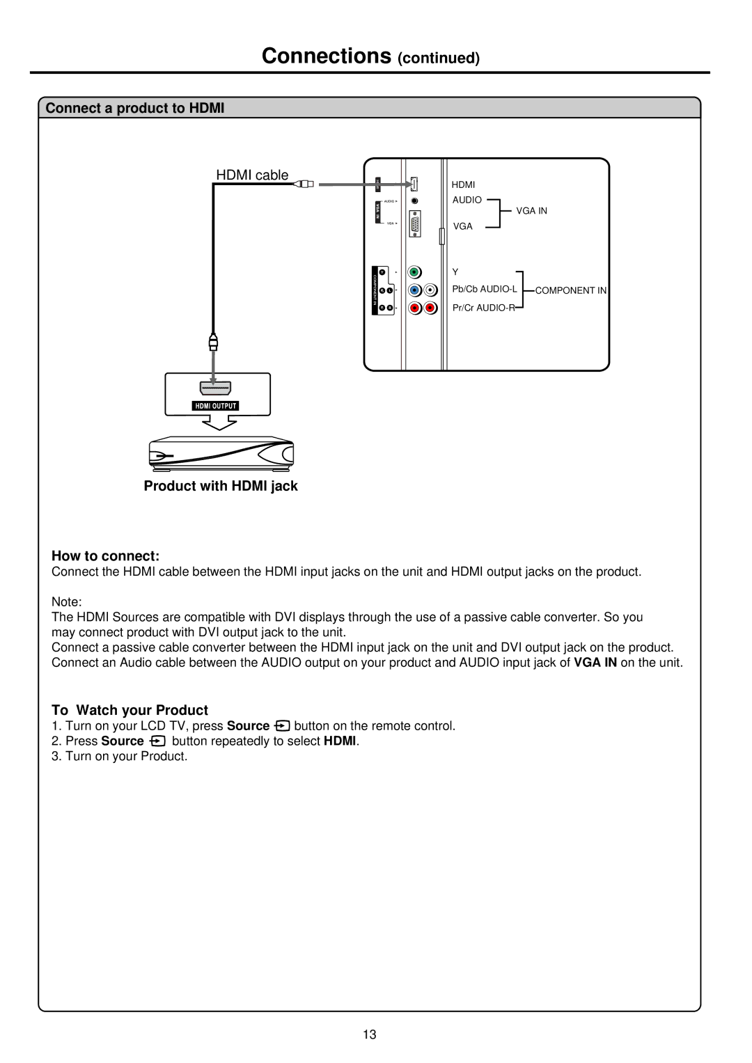 Palsonic TFTV681U owner manual Connect a product to Hdmi, Product with Hdmi jack How to connect, To Watch your Product 