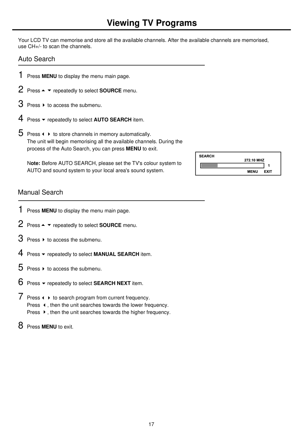 Palsonic TFTV681U owner manual Viewing TV Programs, Auto Search, Manual Search 