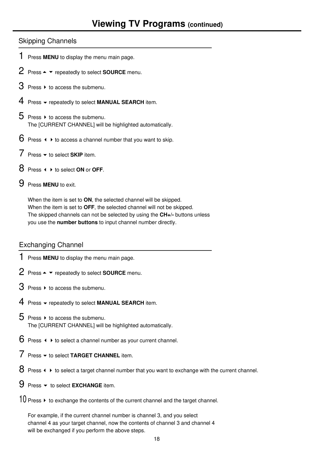 Palsonic TFTV681U owner manual Skipping Channels, Exchanging Channel 