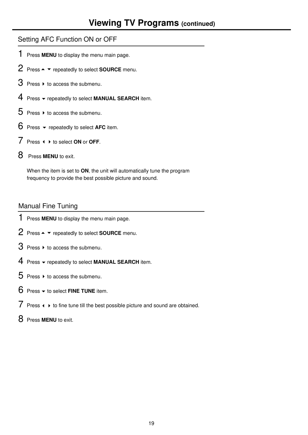 Palsonic TFTV681U owner manual Setting AFC Function on or OFF, Manual Fine Tuning 