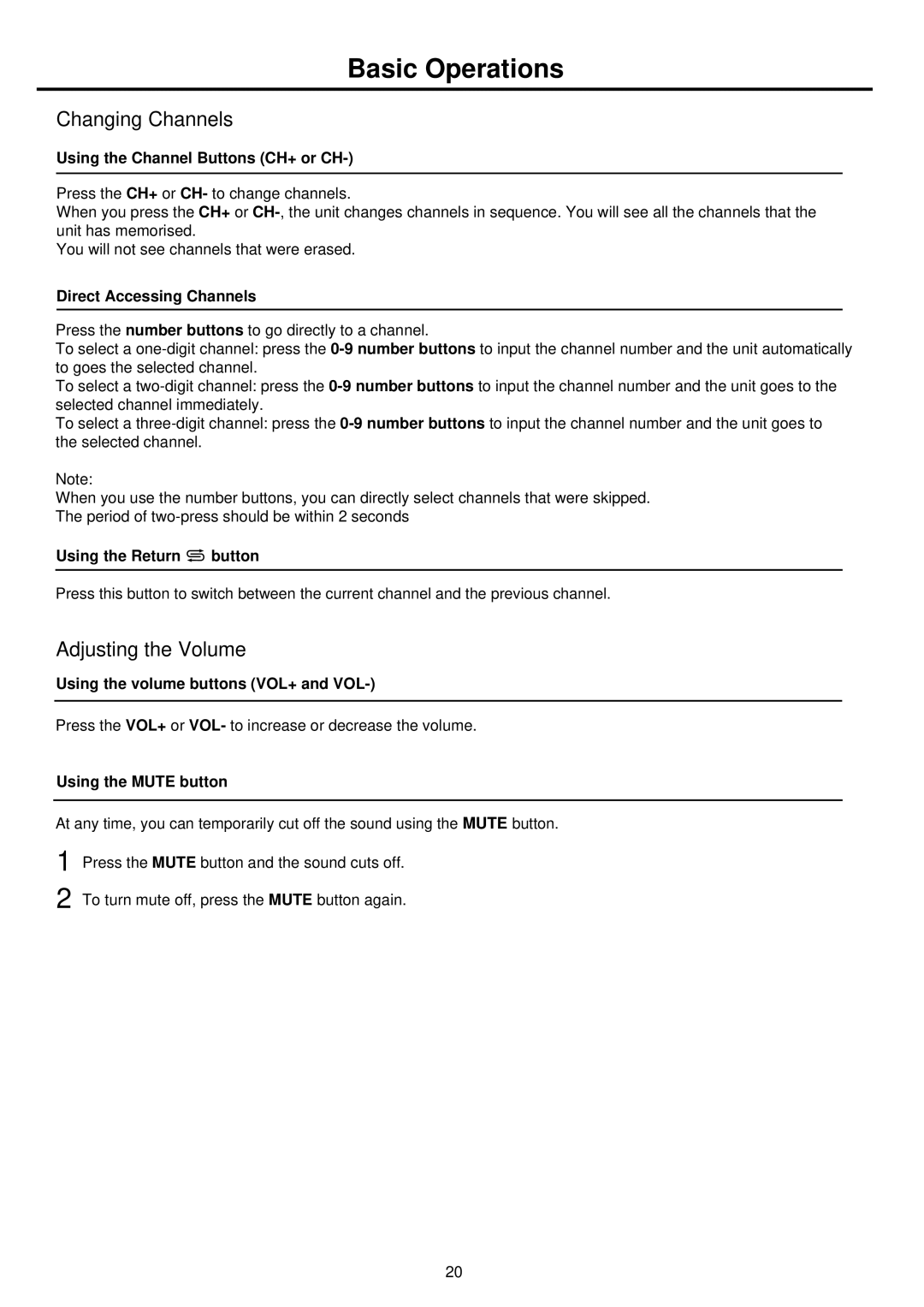 Palsonic TFTV681U owner manual Basic Operations, Changing Channels, Adjusting the Volume 