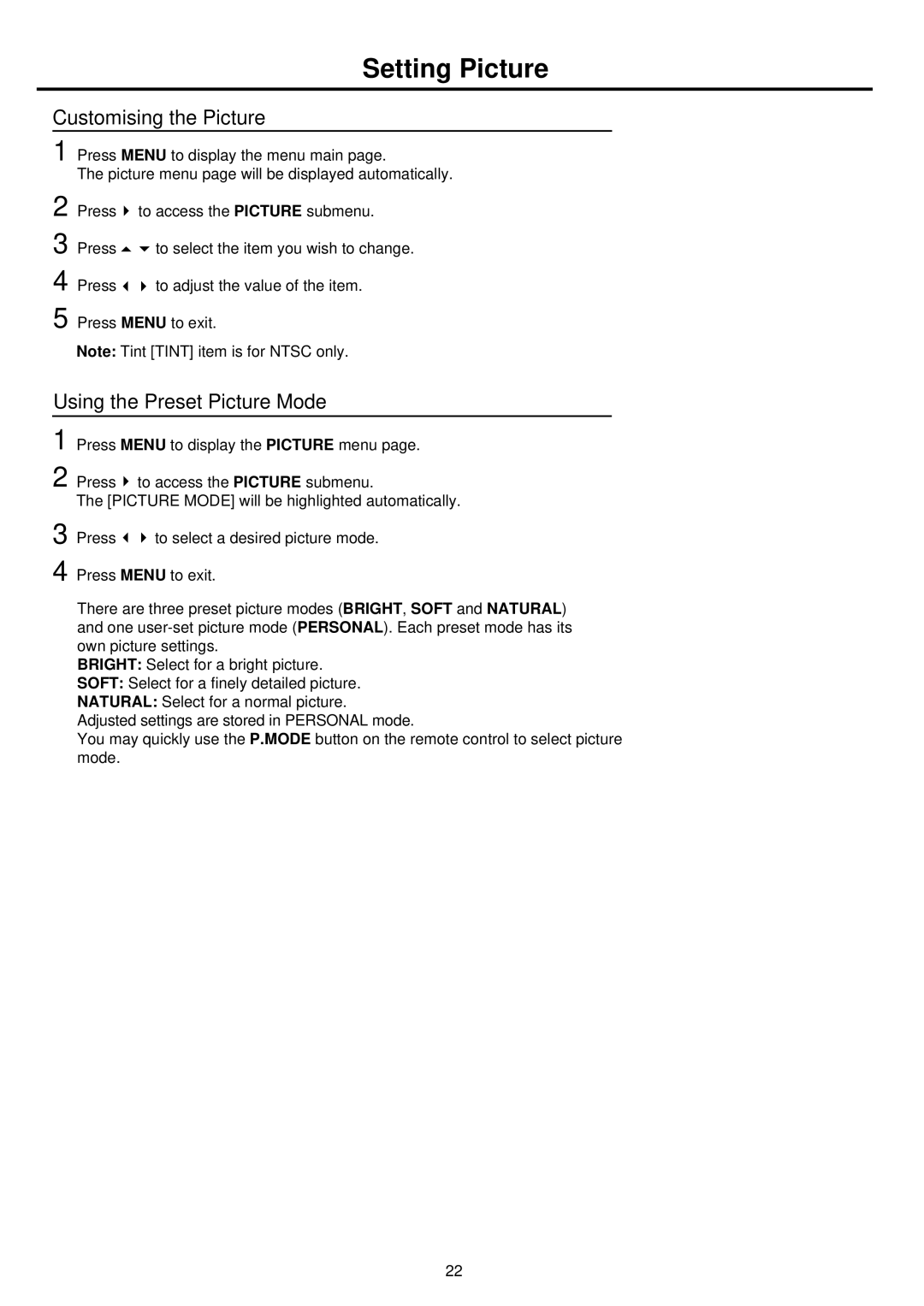 Palsonic TFTV681U owner manual Setting Picture, Customising the Picture, Using the Preset Picture Mode 